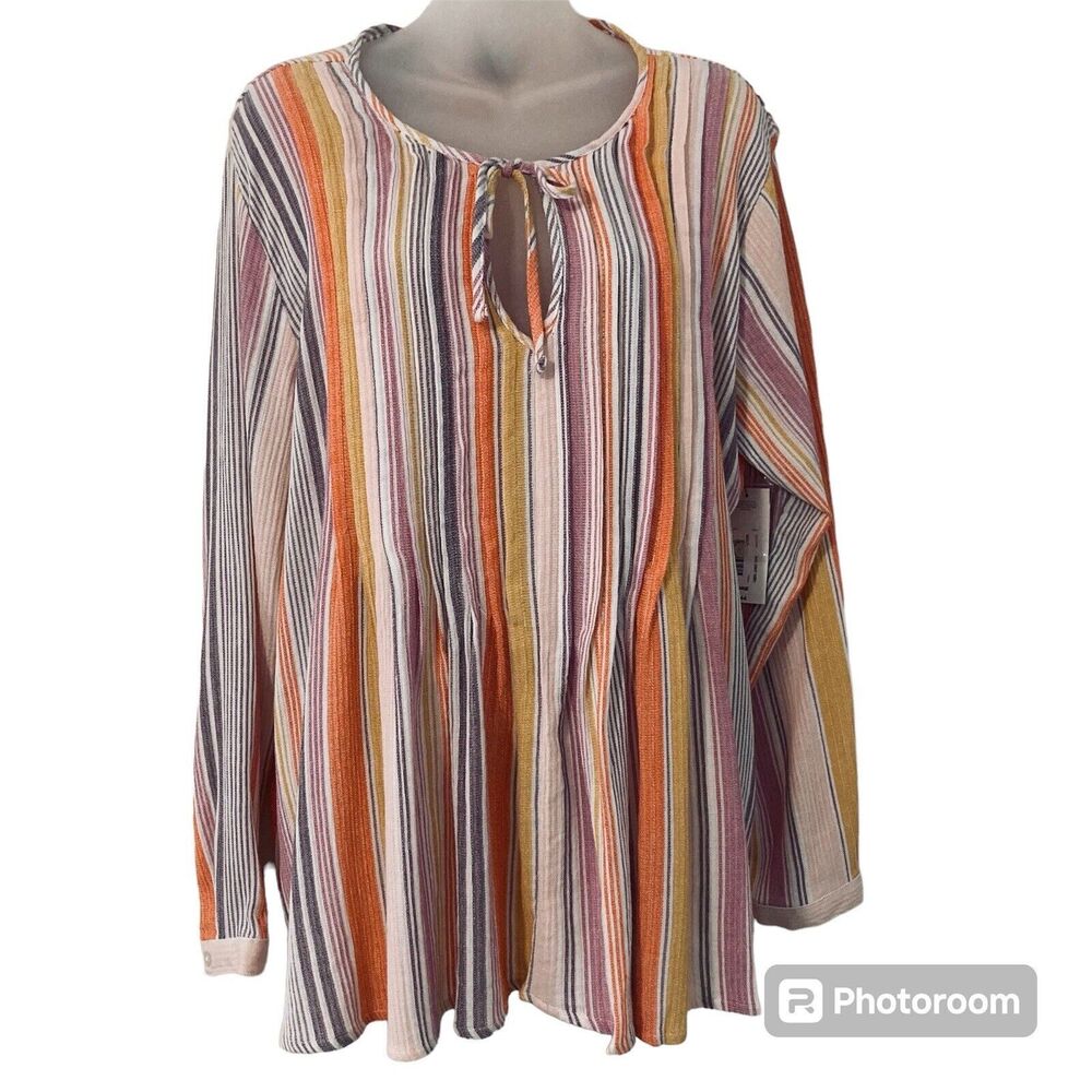 A.N.A. Womens Large Blouse Multicolor Striped Pleated Front Long Sleeve NEW